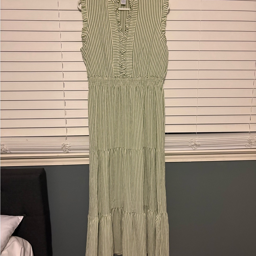 London Times Green and White Striped Ruffle Dress